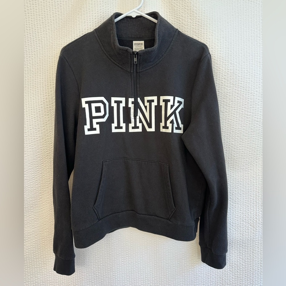 PINK Victoria’s Secret Black Quarter Zip Pullover Sweatshirt Large Varsity Logo